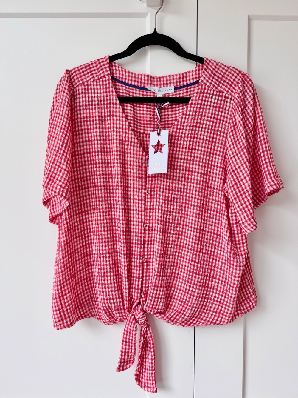 Red Gingham Tie-Front Women's Top